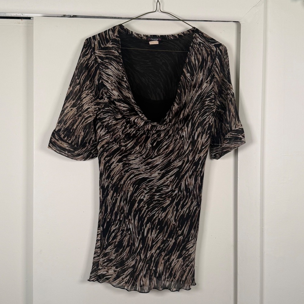 Cocomo Womens Abstract Print Cowl Neck Sheer Grunge‎ Mesh Blouse Short Sleeve